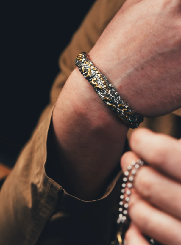 Serpent Engraved Gold Accent Bracelet